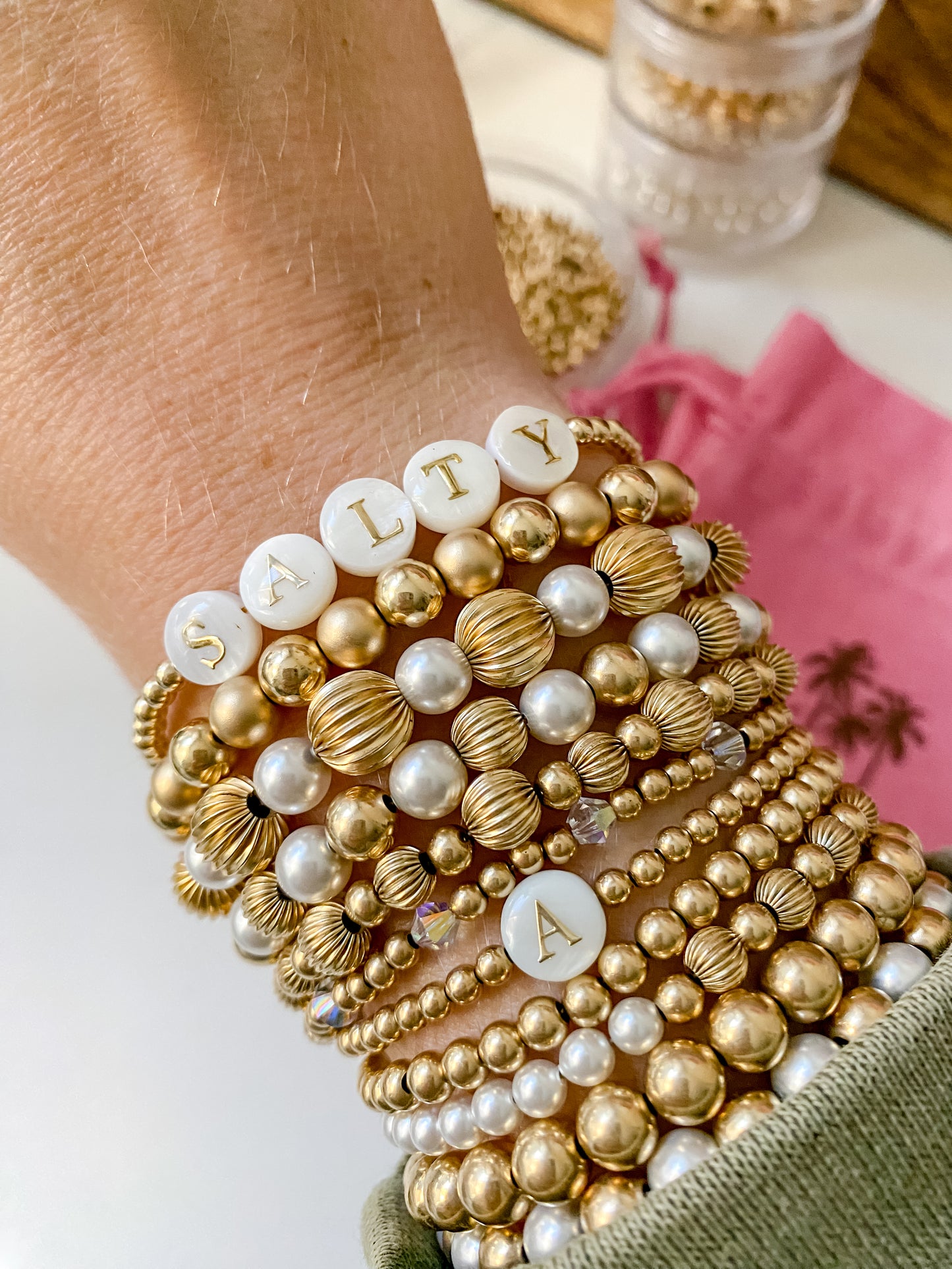 Gold Letter Shell Bead Bracelet